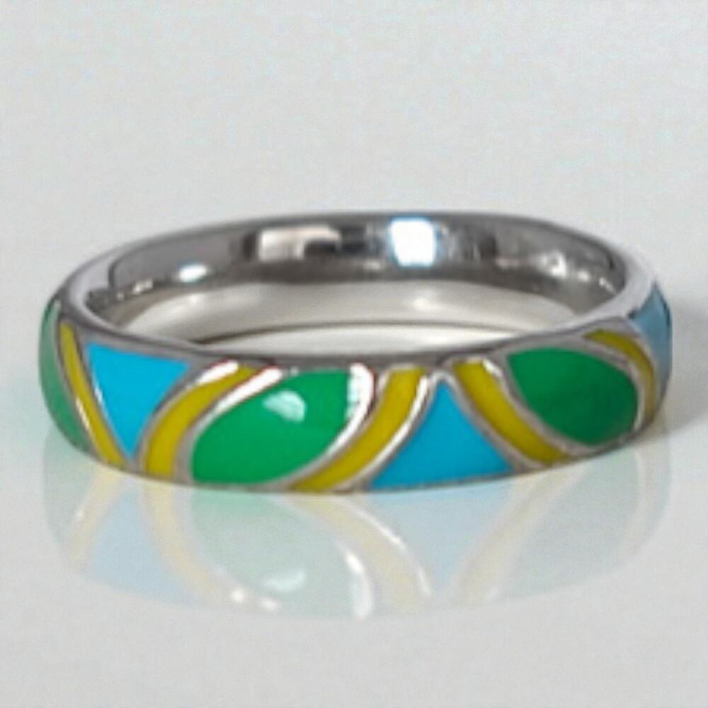 Sterling Silver 925 Multicolor Enamel Ring Blue Yellow Stackable Band Size 6
